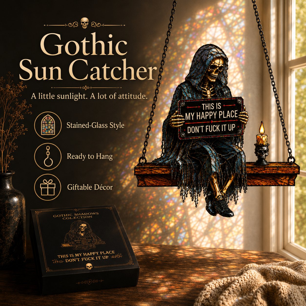 💥 LAST DAY 57% OFF - 🖤 Gothic Skeleton Sun Catcher 💀 Handmade Stained Glass Suncatcher